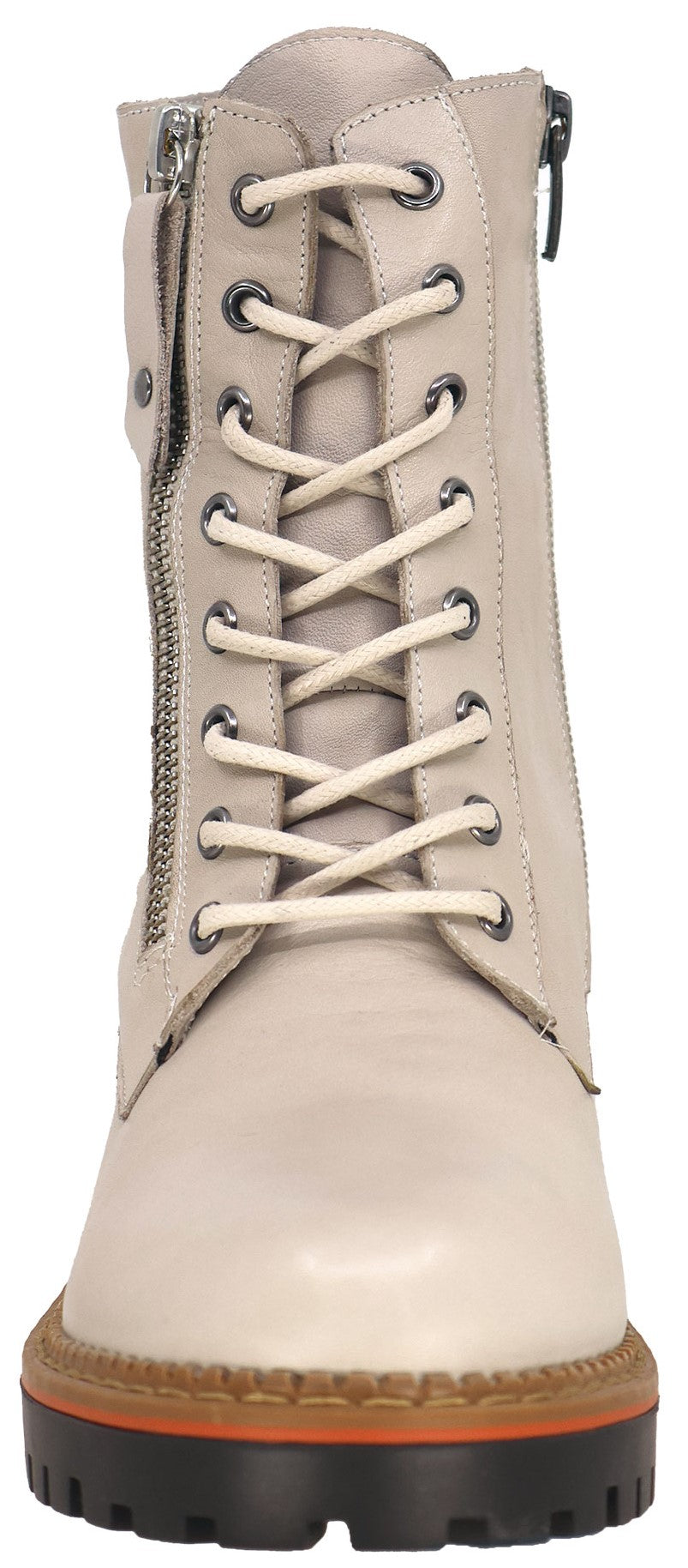 Beige lace-up boot with zipper.