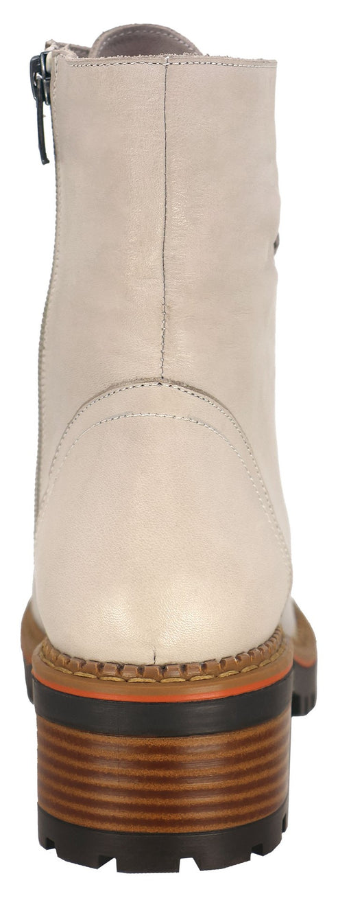 Back view of a light-colored boot with a side zipper and a chunky, stacked heel.