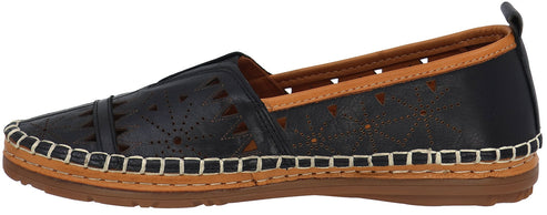 A black slip-on shoe with perforated design and brown trim.