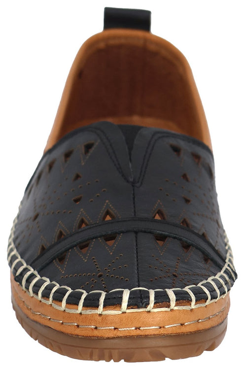 Front view of a black loafer with laser cutouts and whipstitch accents.