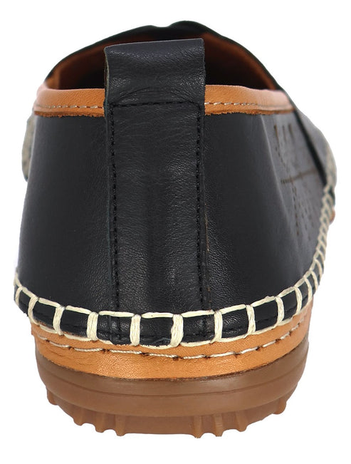 Close-up of the back of a black leather loafer with a brown accent stripe on the top and bottom, white stitching and a rubber sole.