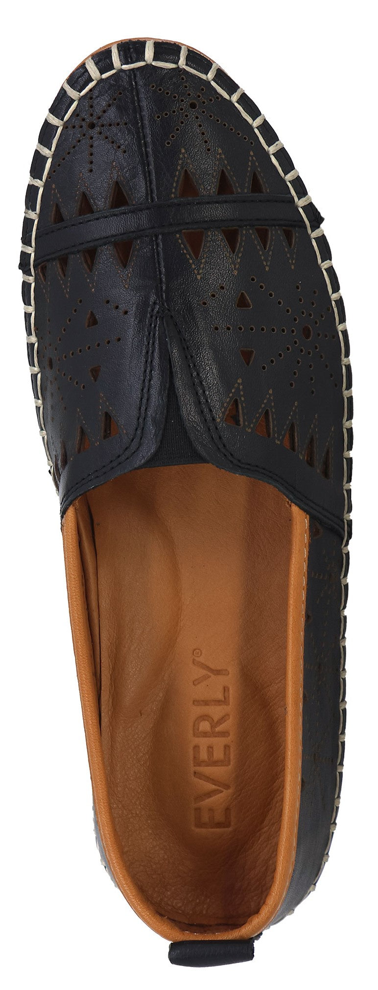 A black slip-on shoe with laser cut details and an EVERLY branded insole.