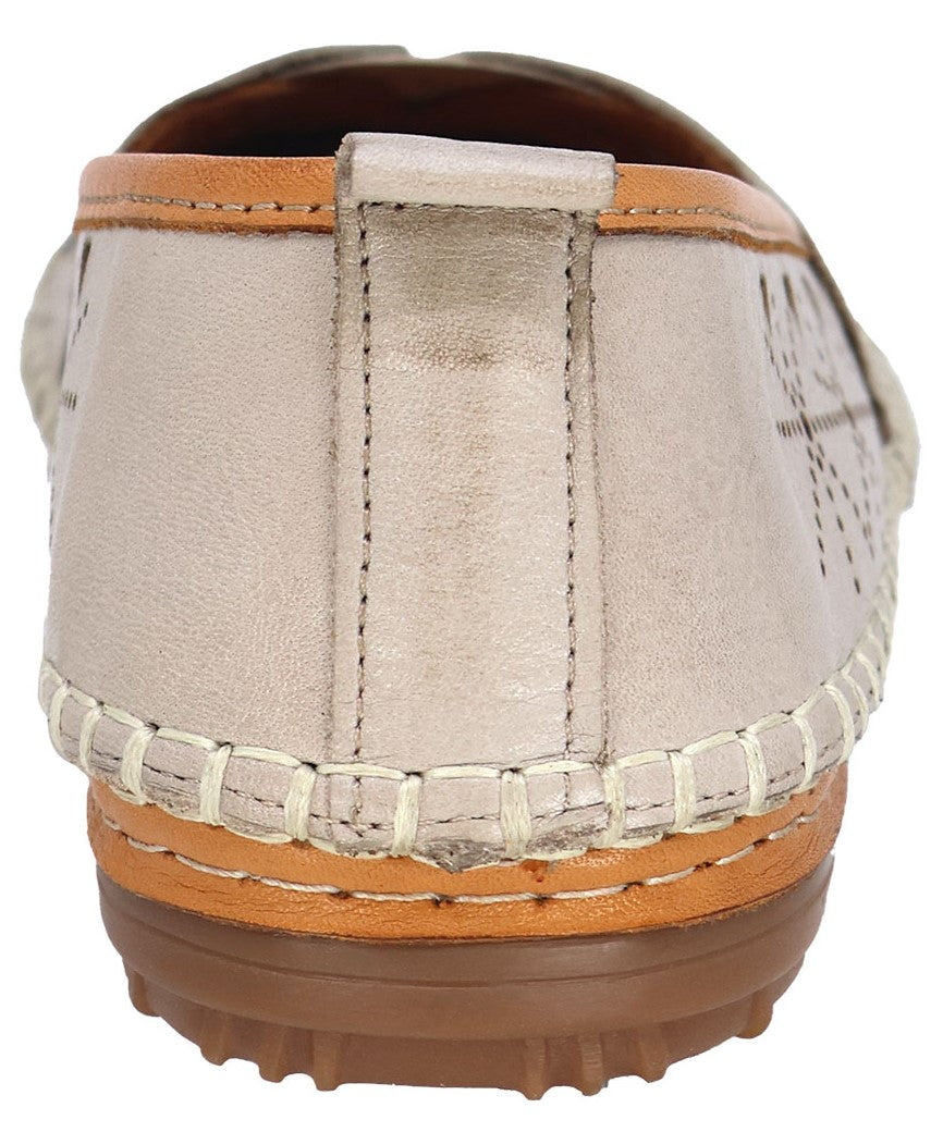 Back view of a beige leather slip-on shoe with brown trim and sole.