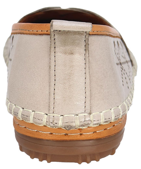 Back view of a beige leather slip-on shoe with brown trim and sole.
