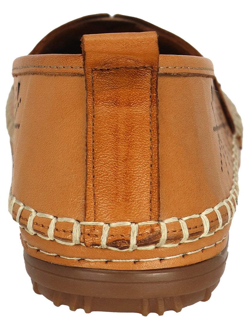 Tan leather loafer with a visible brown sole and white stitching.