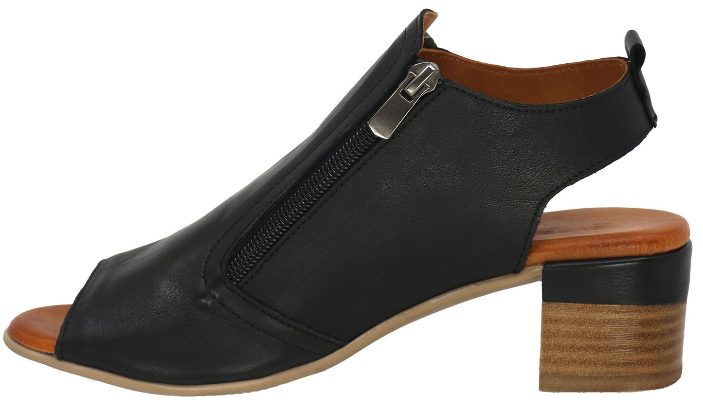Black leather sandal with a zipper closure and a stacked heel.