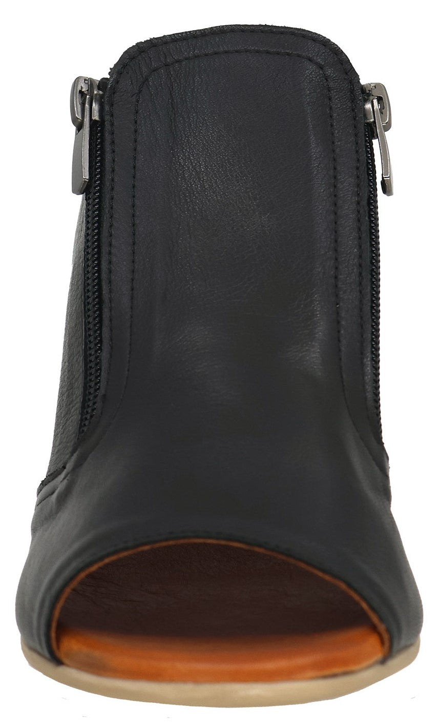 Black leather peep-toe bootie with side zipper closure.