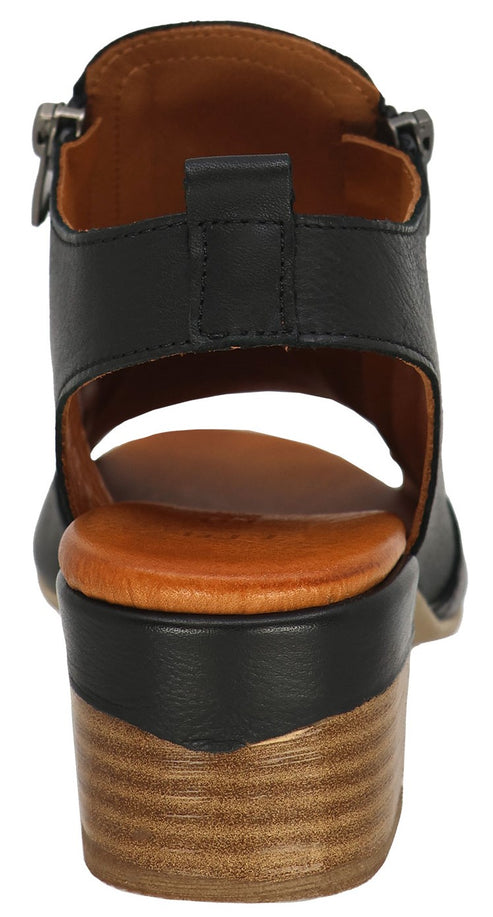 Back view of a black block heel sandal with open heel and side zipper.