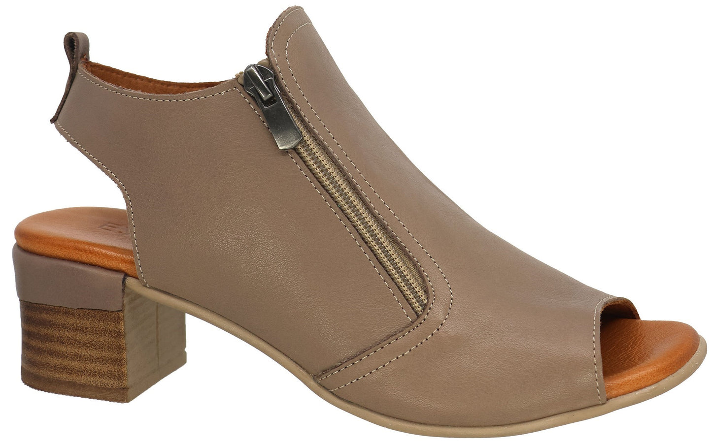 Peep-toe heeled sandal with a zipper closure, slingback heel, and wood-like block heel.