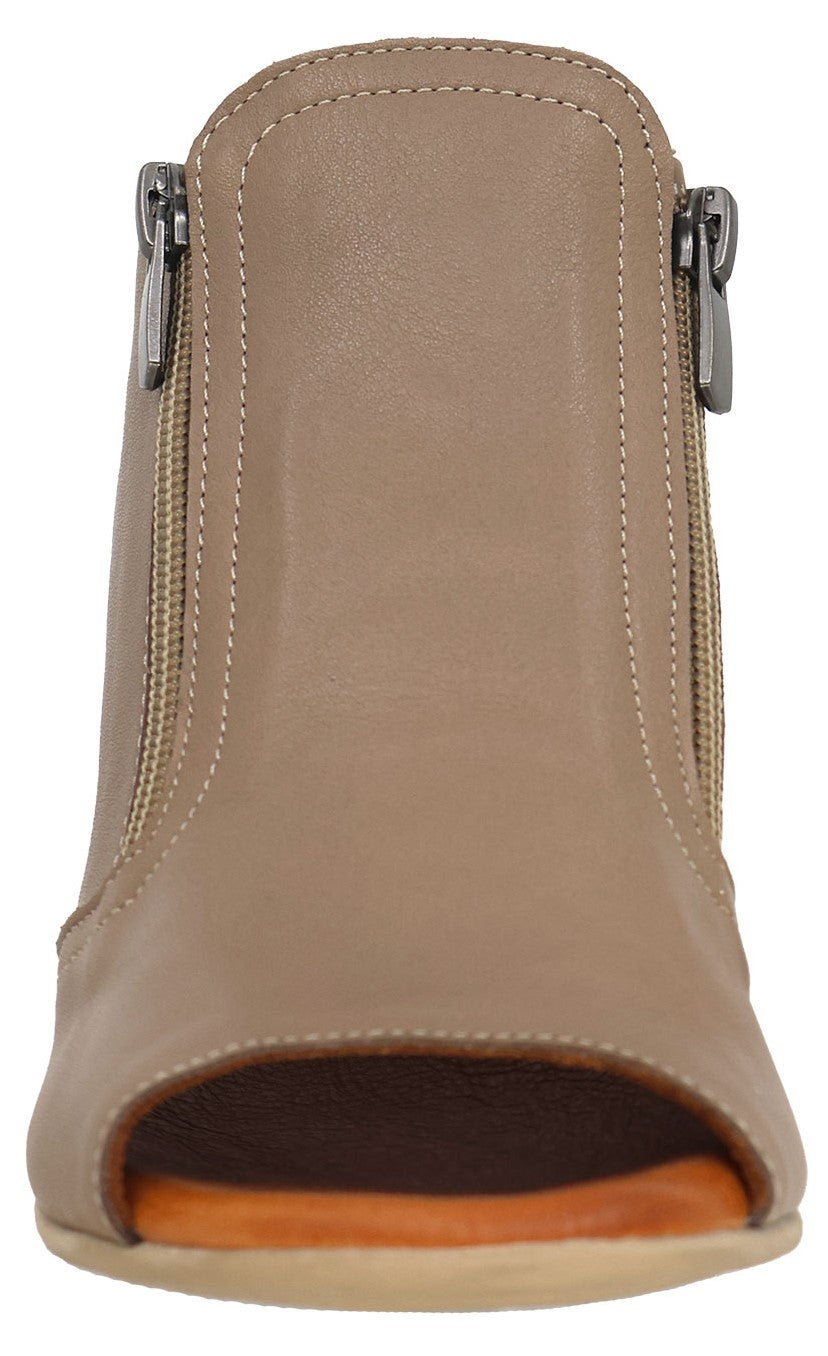 Taupe leather peep-toe booties with side zippers and tan soles