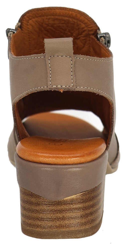 Taupe leather open-back sandal with 2 inch block heel and side zip.