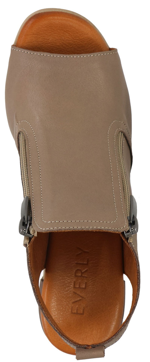Tan sandal with buckles and "EVERLY" text.
