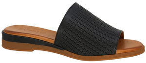 A black slide-on sandal featuring a perforated upper and a light brown sole.
