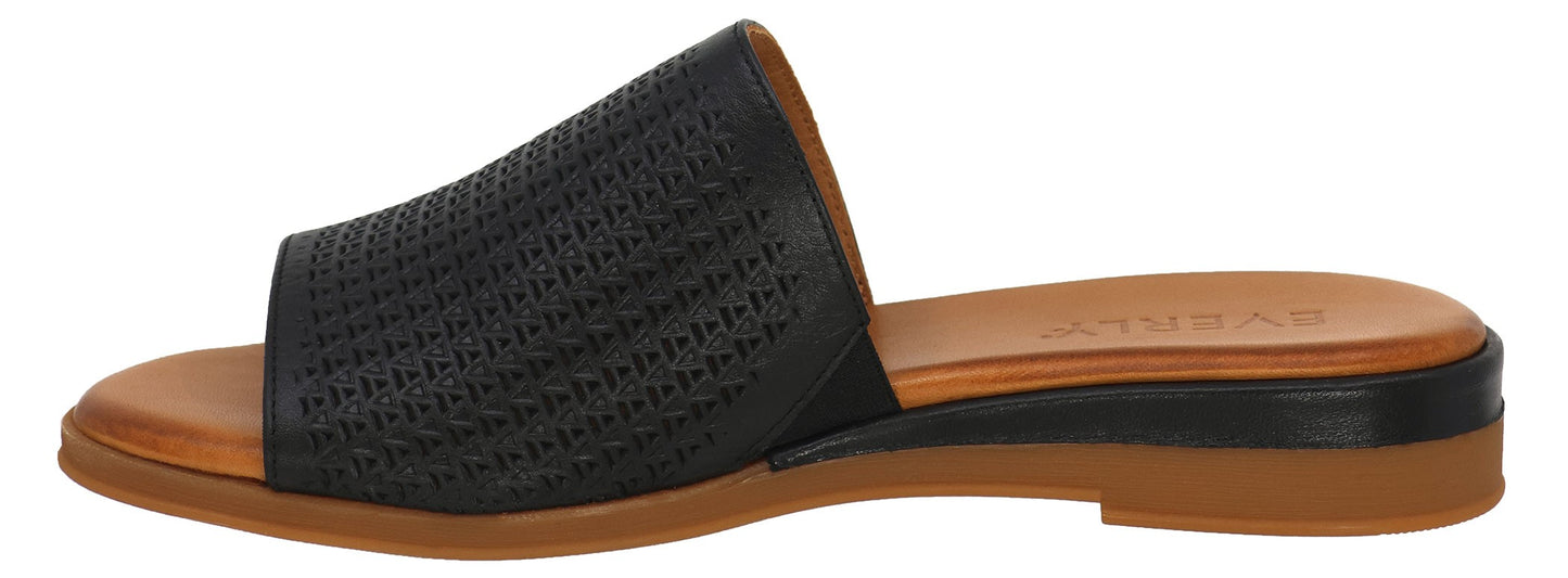 A black slide sandal with a perforated upper and a tan sole.