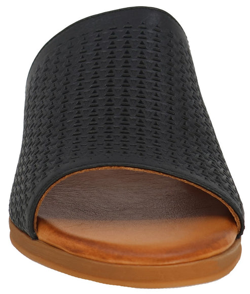 Black, perforated, open-toed slide with brown insole and outsole.