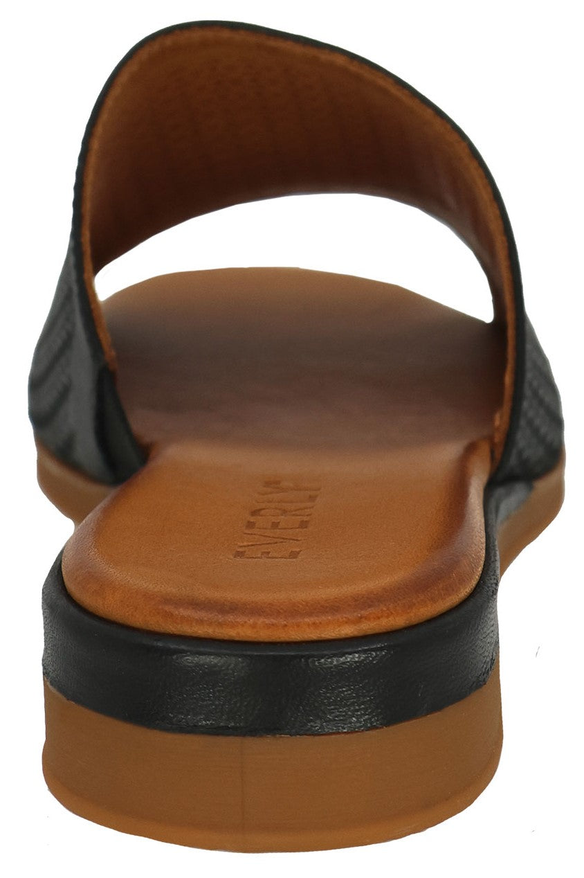 Rear view of black slide sandal with brown insole and sole.