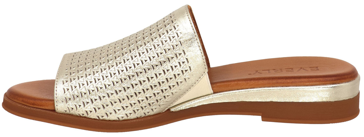 Gold slide sandal with a perforated upper and a brown sole.