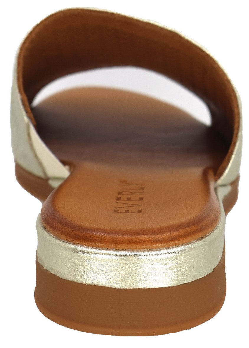 Back view of a gold sandal with a low, flat heel.