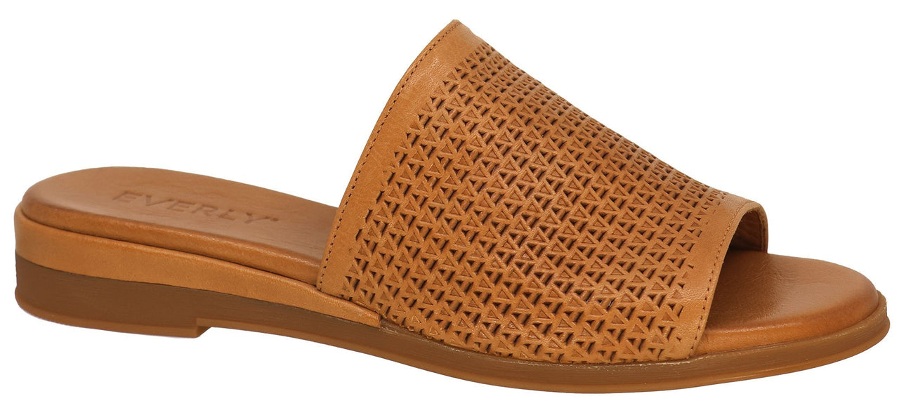 Tan-colored sandal with triangular perforations.