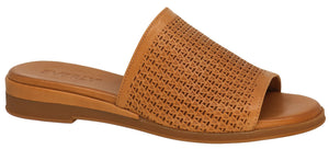 Tan-colored sandal with triangular perforations.
