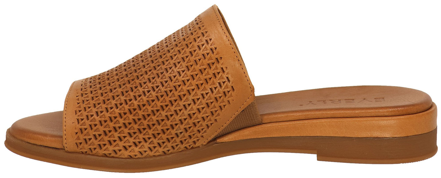 Tan sandal with a low heel and a textured upper.
