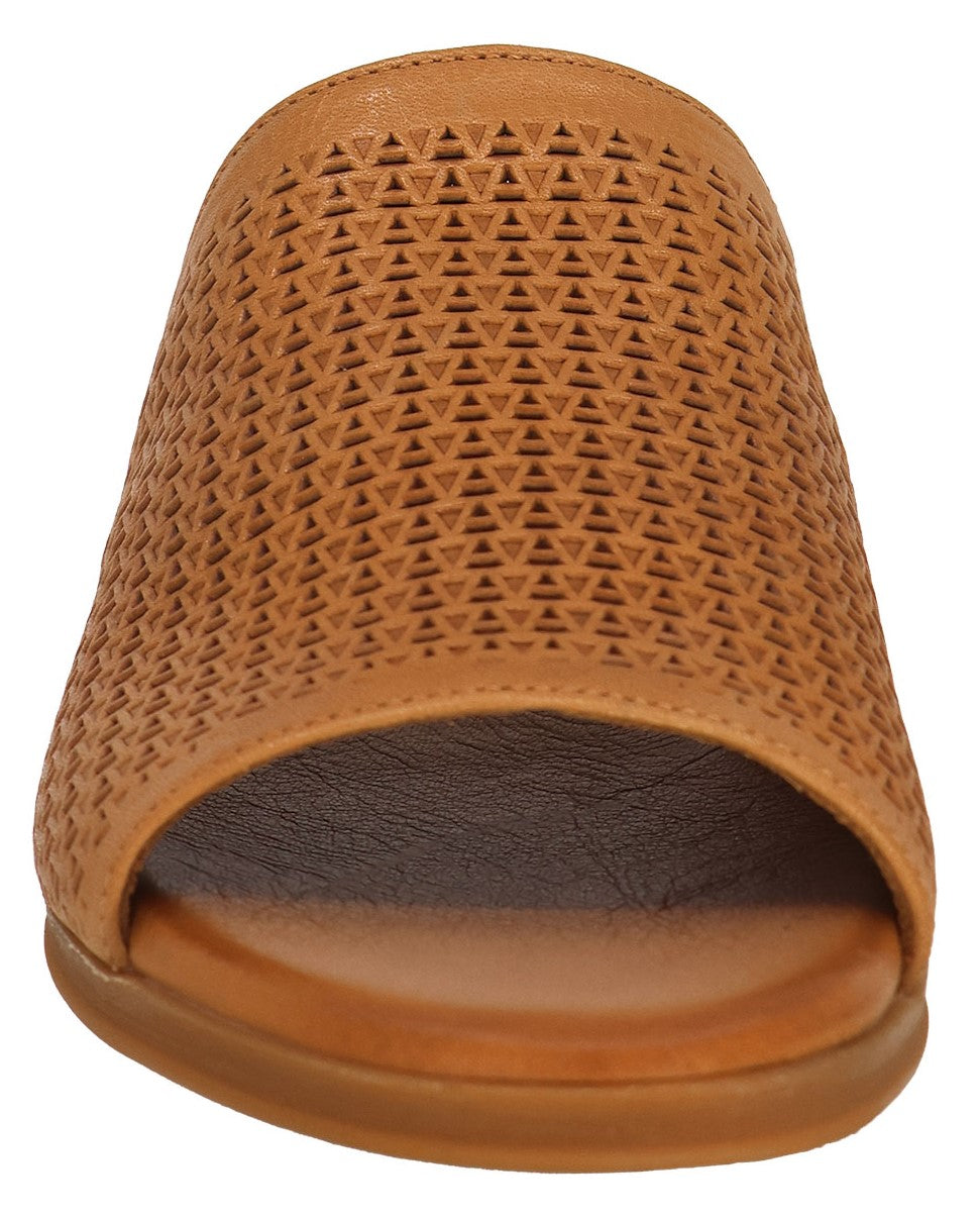 A brown, open-toed mule with geometric cutouts.