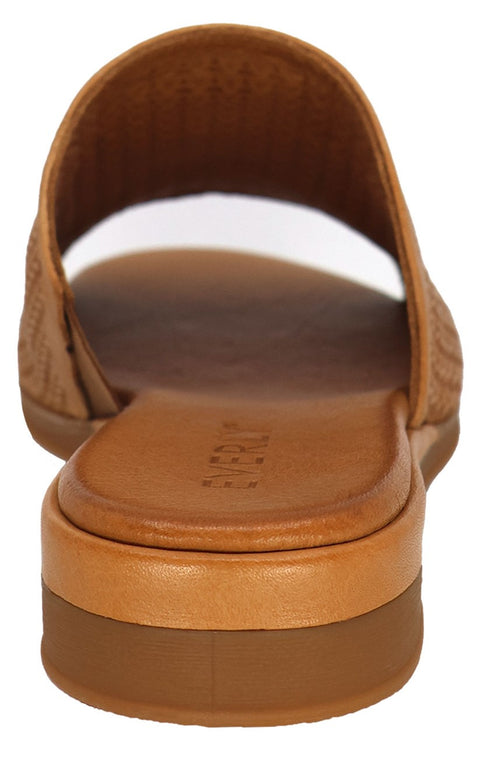 Tan sandal, back view, stacked sole, woven upper.