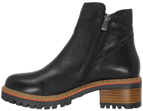 A black leather ankle boot with a side zipper, a lugged black rubber outsole, and a stacked wooden block heel with an orange accent stripe.