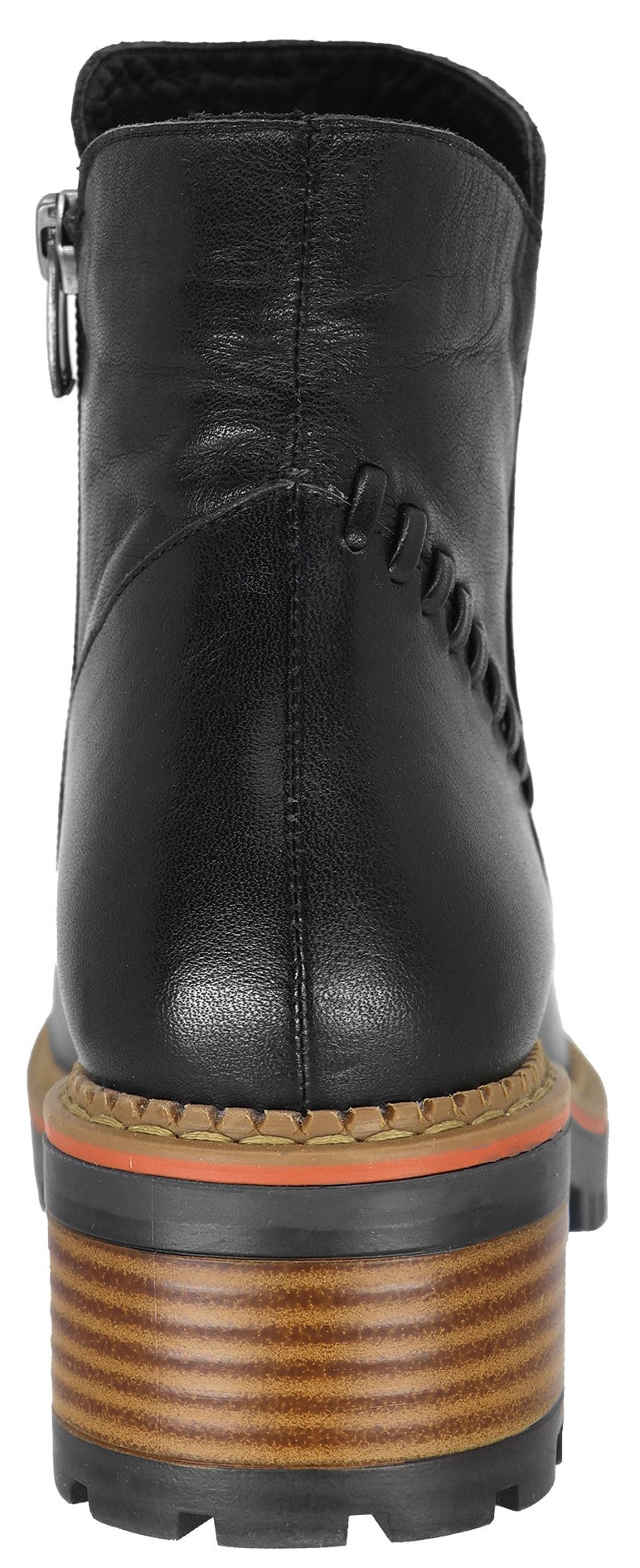 A back view of a black leather ankle boot with a side zipper, decorative stitching along the heel, a tan and orange welt, and a stacked wooden-style heel with a lugged rubber sole.