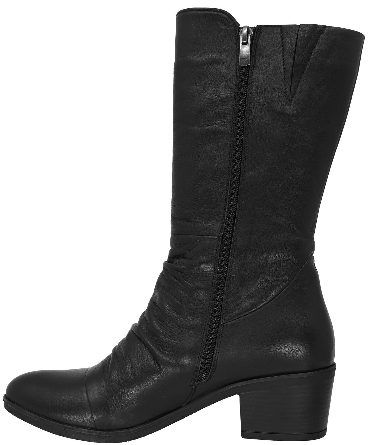 A black leather mid-calf boot with a side zipper closure, a rounded toe, and a low block heel, featuring subtle ruching detail around the lower ankle area.