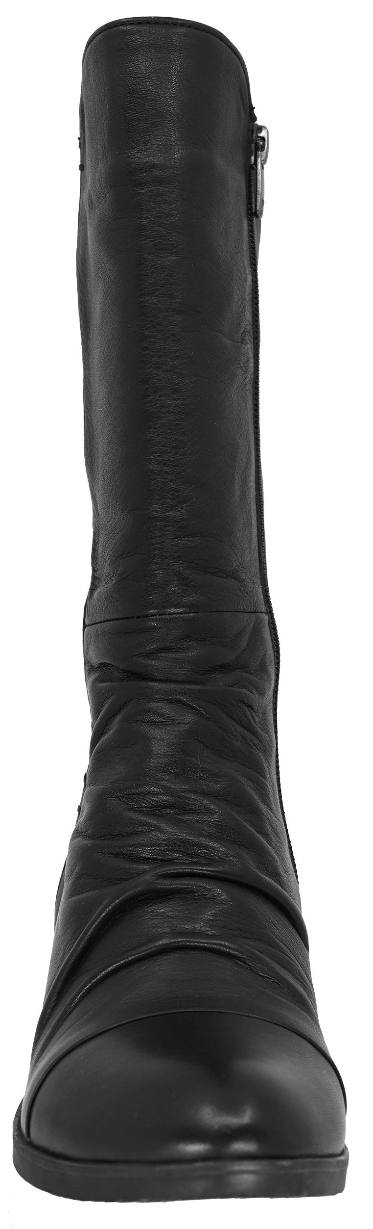 A black leather knee-high boot shown from the front with a side zipper and subtle ruched detailing along the lower shaft.