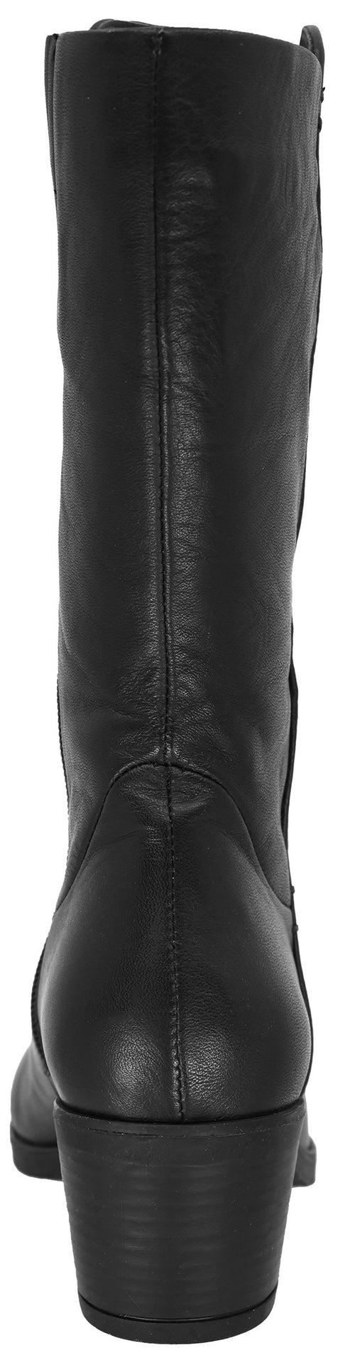 A black leather knee-high boot shown from the back, featuring a stacked heel and vertical stitching along the shaft.