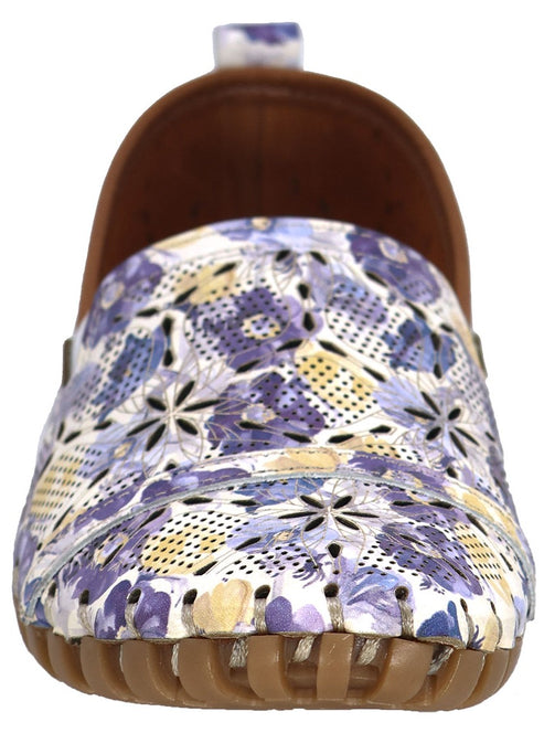 Slip-on shoe with purple floral pattern and brown sole.