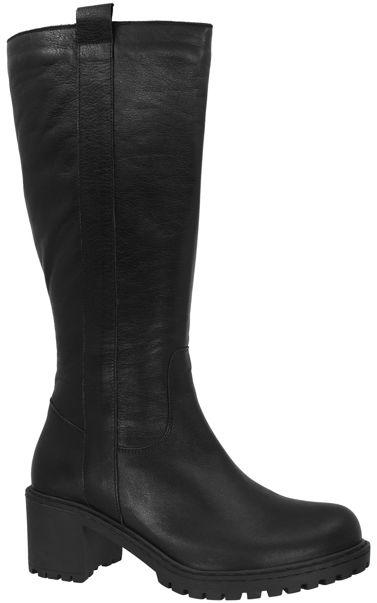 A black knee-high leather boot with a thick block heel, a rugged lug sole, and a pull tab at the top rear.