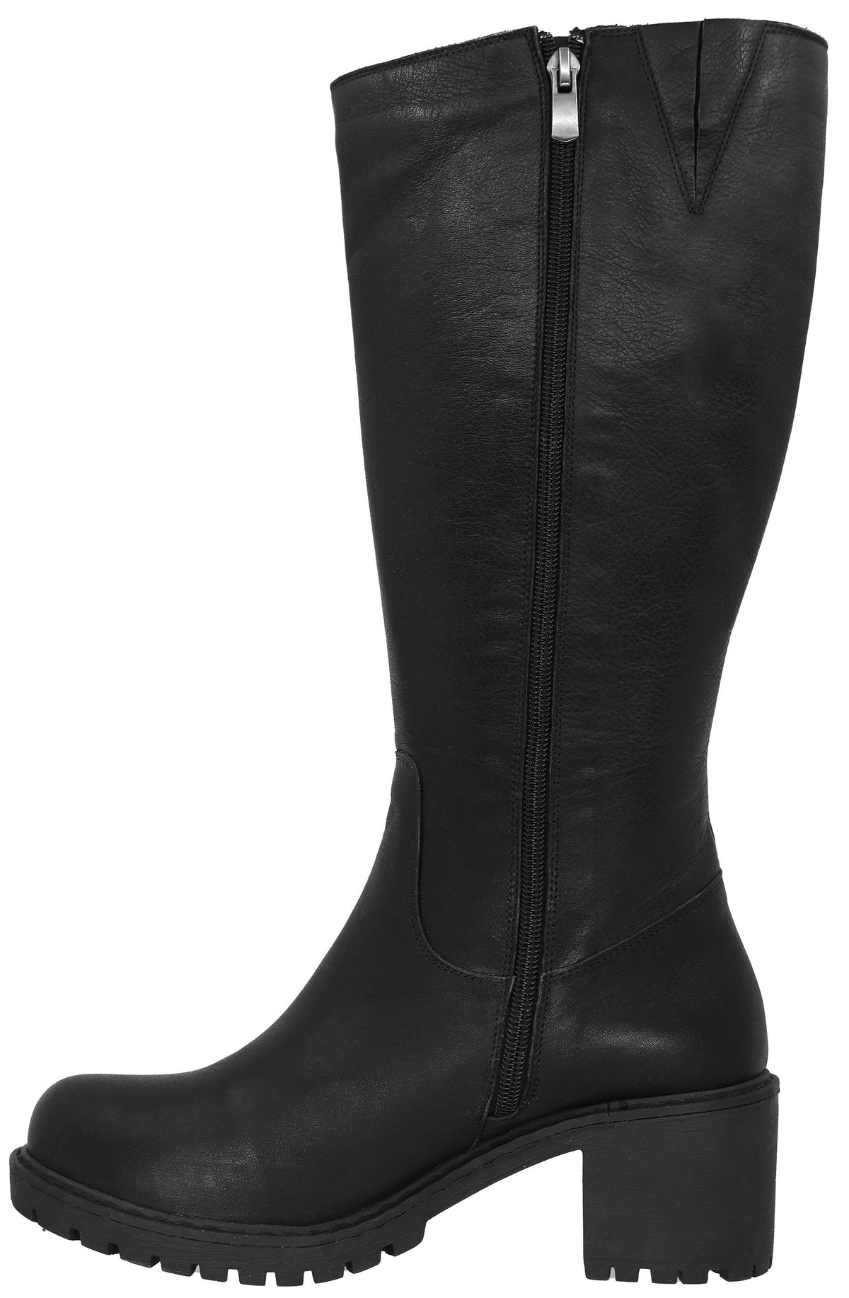 A black leather knee-high boot with a block heel and a lug sole, featuring a side zipper closure.