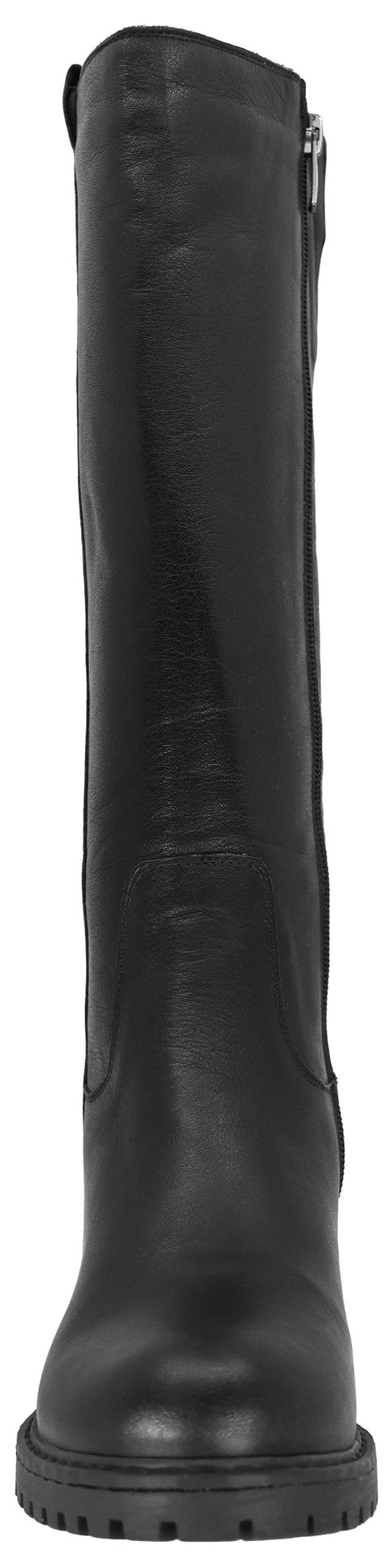 A tall black leather knee-high boot with a rounded toe, a visible side zipper, and a thick, lugged platform sole.