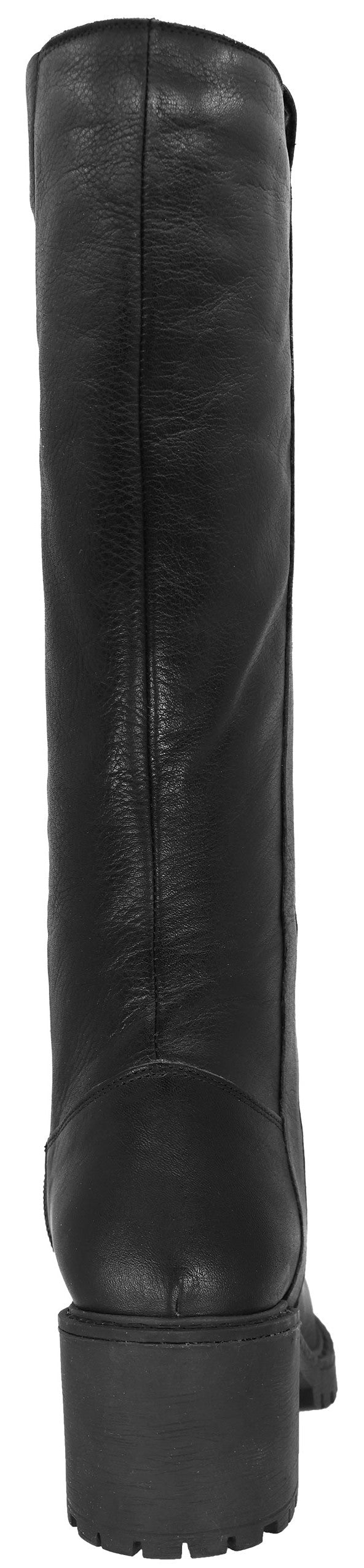 A back view of a black, knee-high leather boot featuring a vertical center seam, a lugged sole, and a chunky block heel.