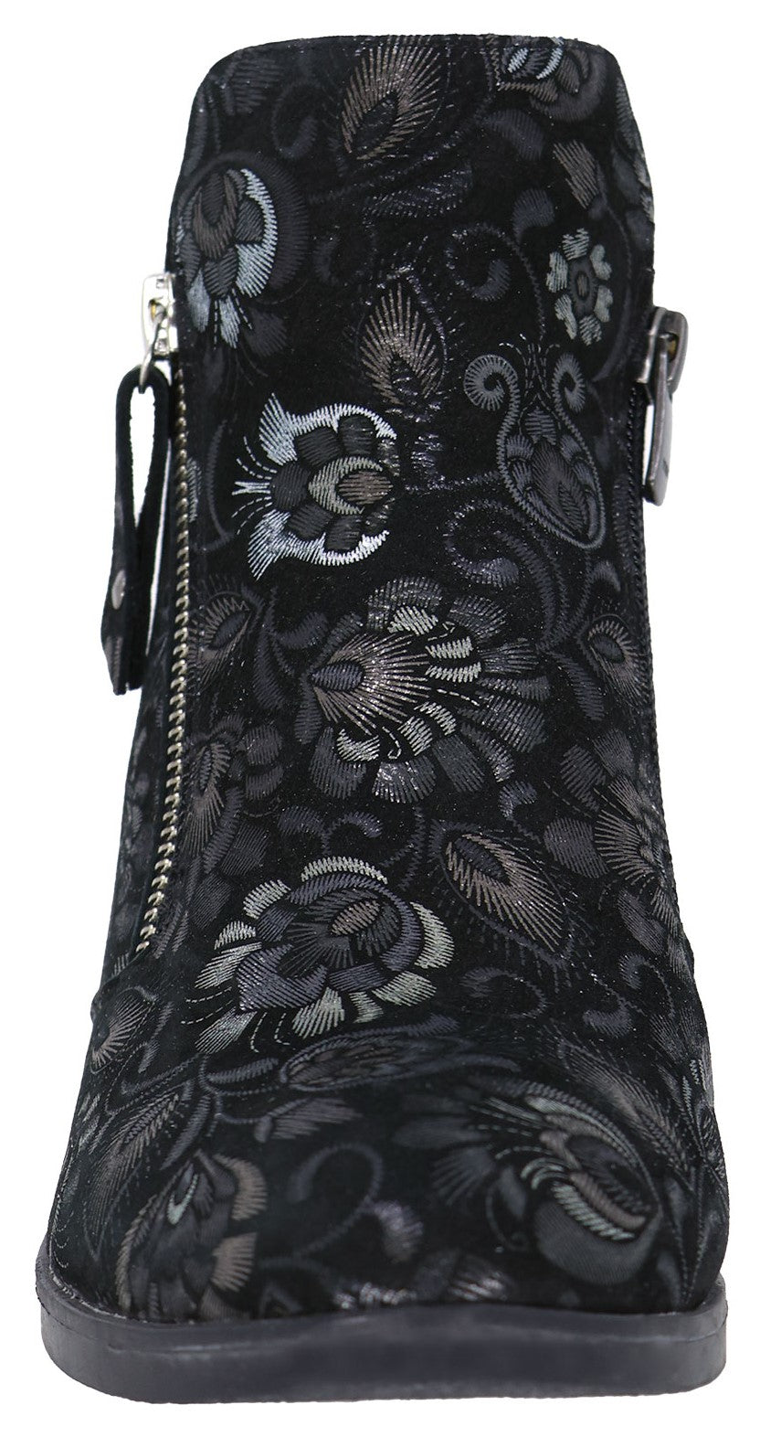 A black ankle boot features an intricate, embroidered floral pattern in silver and dark gray tones, with a side zipper detail.
