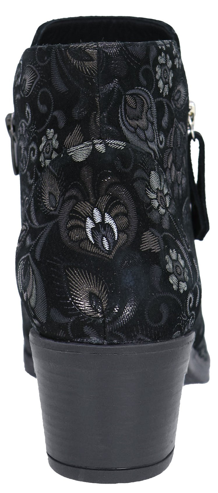 Rear view of a black ankle boot featuring an intricate, shimmering silver floral and paisley pattern, a solid black low block heel, and a side zipper pull.