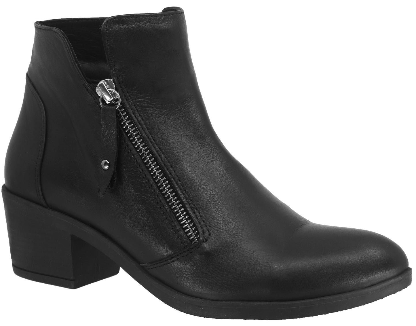 A black, ankle-high boot with a side zipper and a short, block heel.