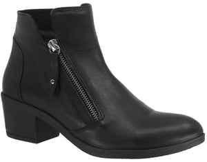 A black, ankle-high boot with a side zipper and a short, block heel.