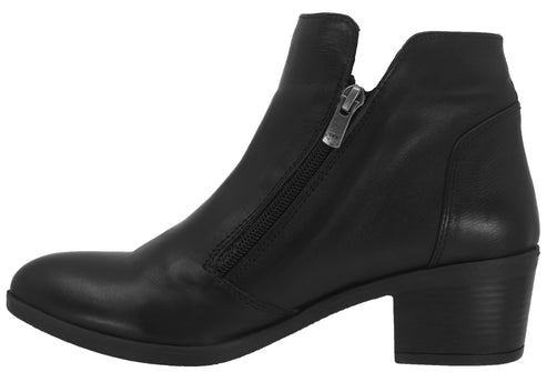Black ankle boot with side zipper and block heel.