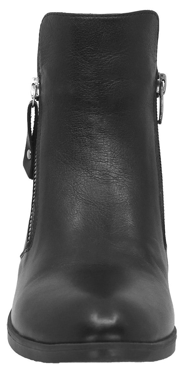 Black leather ankle boot with side zippers.