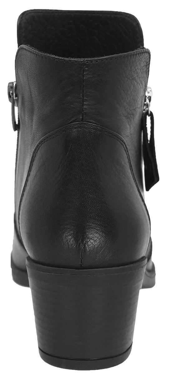 A black heeled ankle boot with side zips.