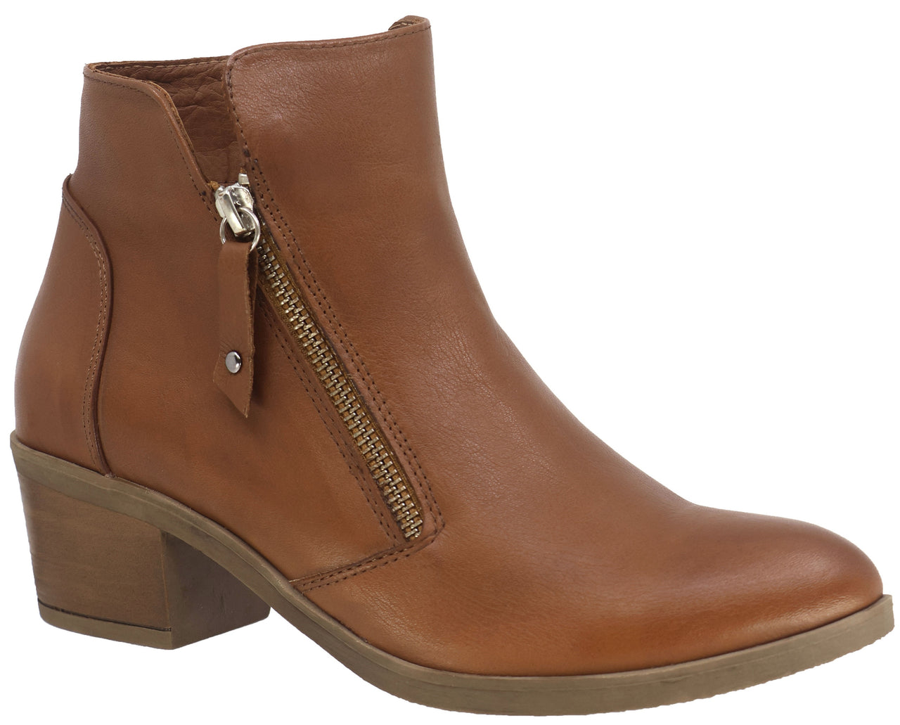 A tan, leather-like ankle boot with a side zipper and a chunky heel.