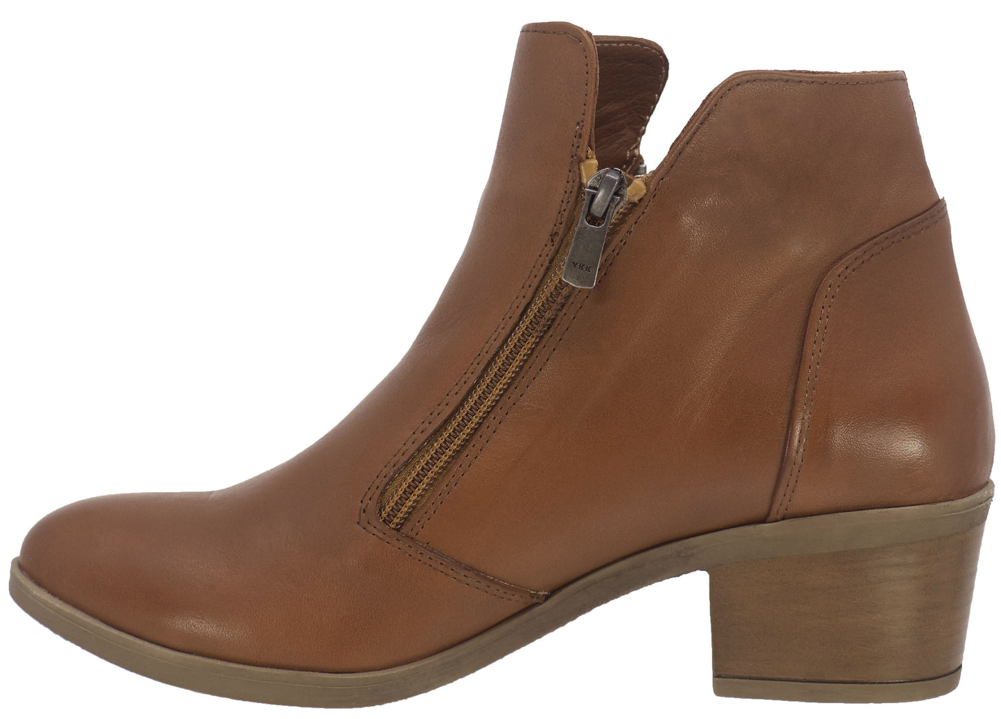 A women's tan leather ankle boot with a side zipper and a block heel.