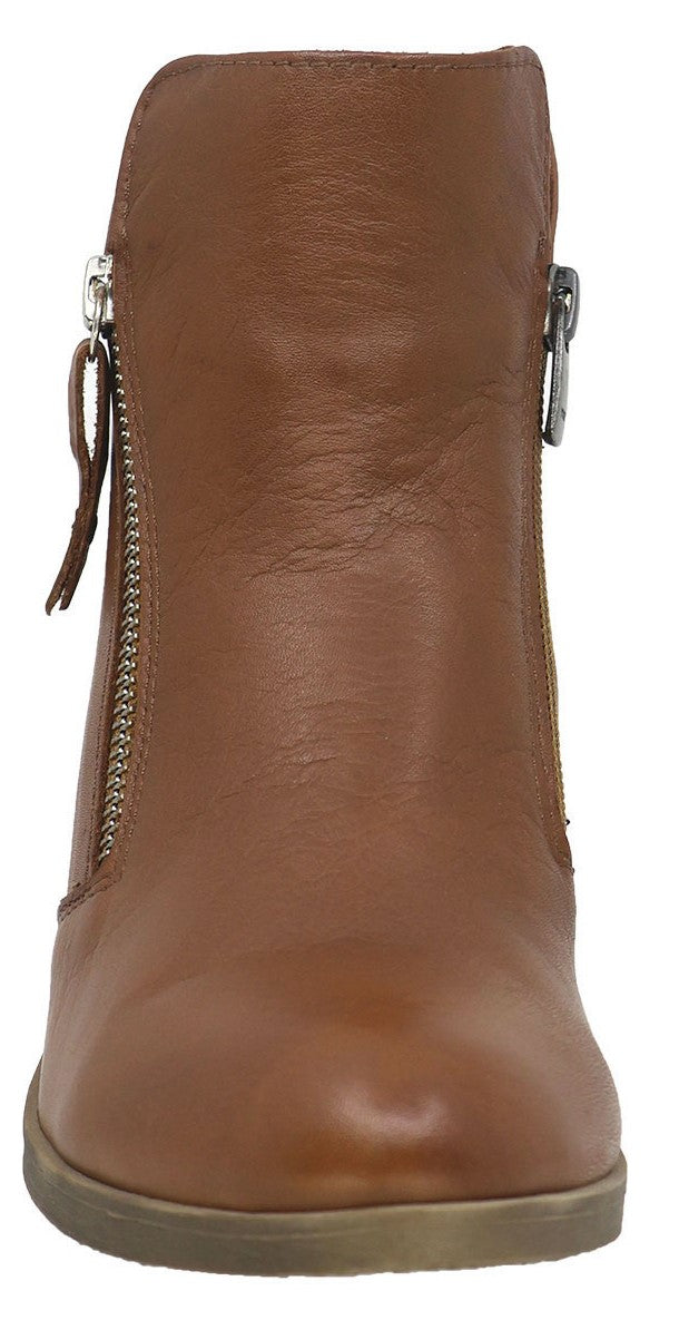 A light brown leather ankle boot with zipper closures on each side.