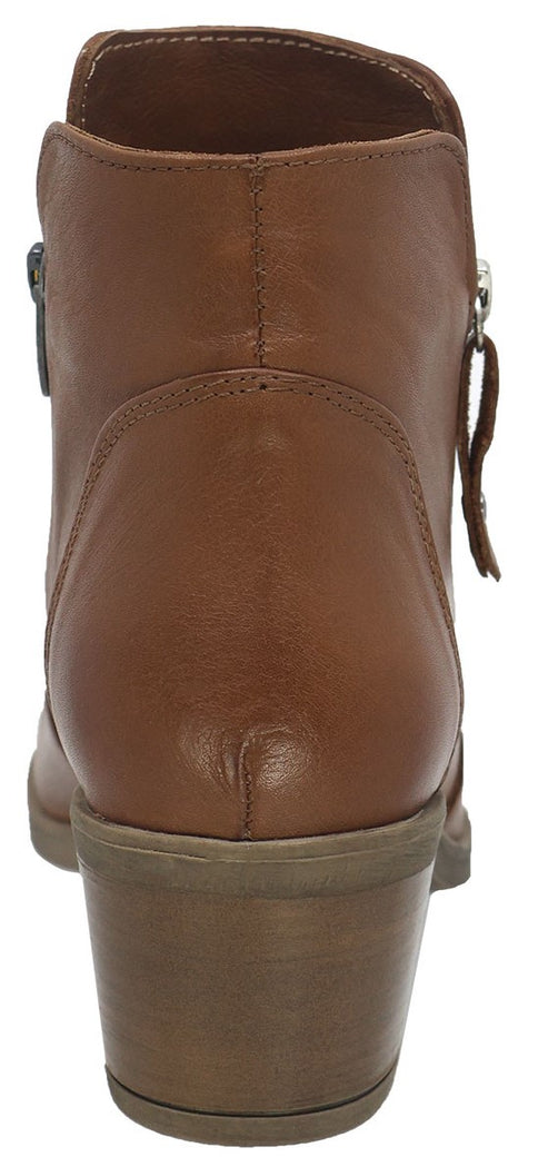 A rear view of a brown heeled ankle boot, showing a zippered closure.