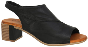 Black leather open-toe slingback shoe with a block heel.