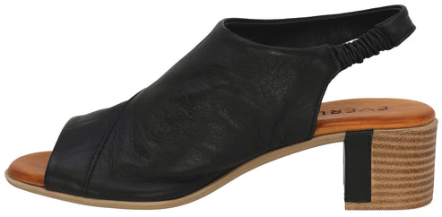 Black open-toed heeled sandal with an elastic ankle strap.